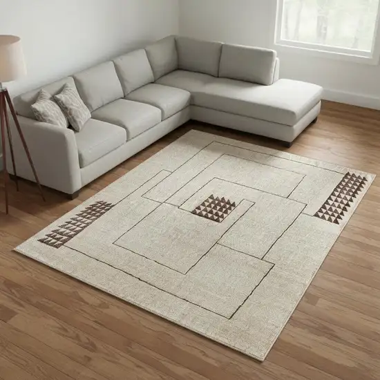 Ivory And Brown Wool Abstract Hand Knotted Area Rug Photo 1