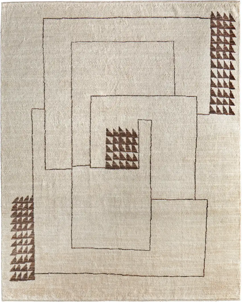 Ivory And Brown Wool Abstract Hand Knotted Area Rug Photo 2