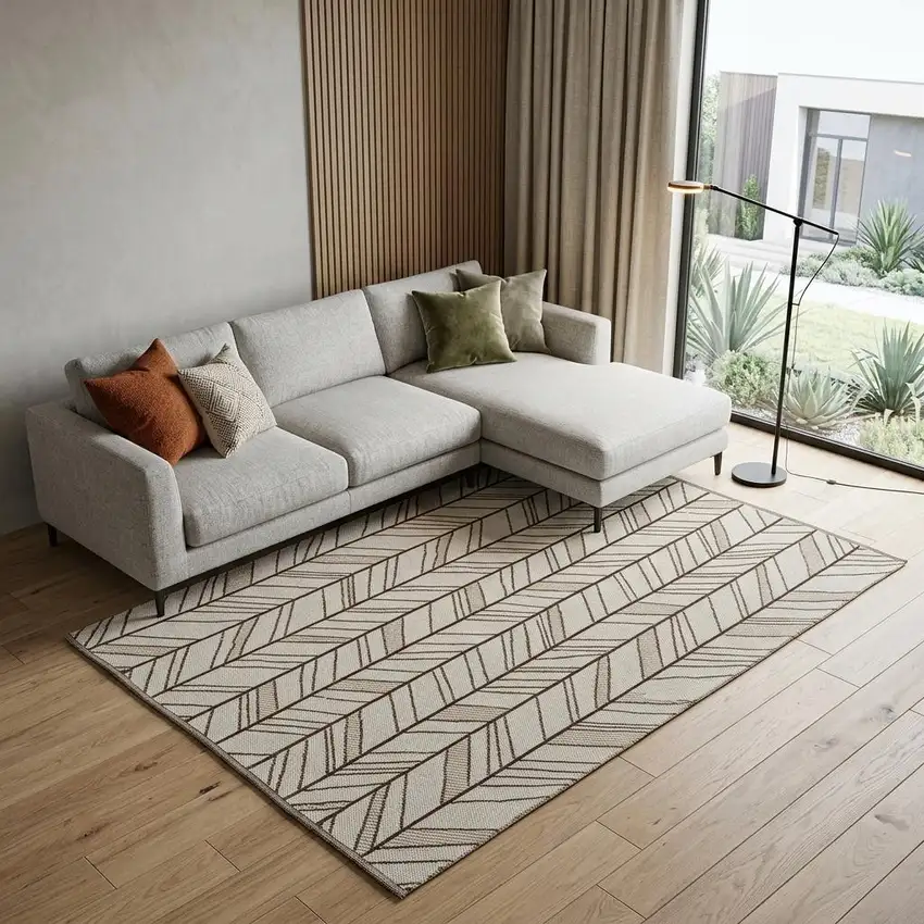 Ivory And Brown Wool Chevron Hand Woven Area Rug Photo 1