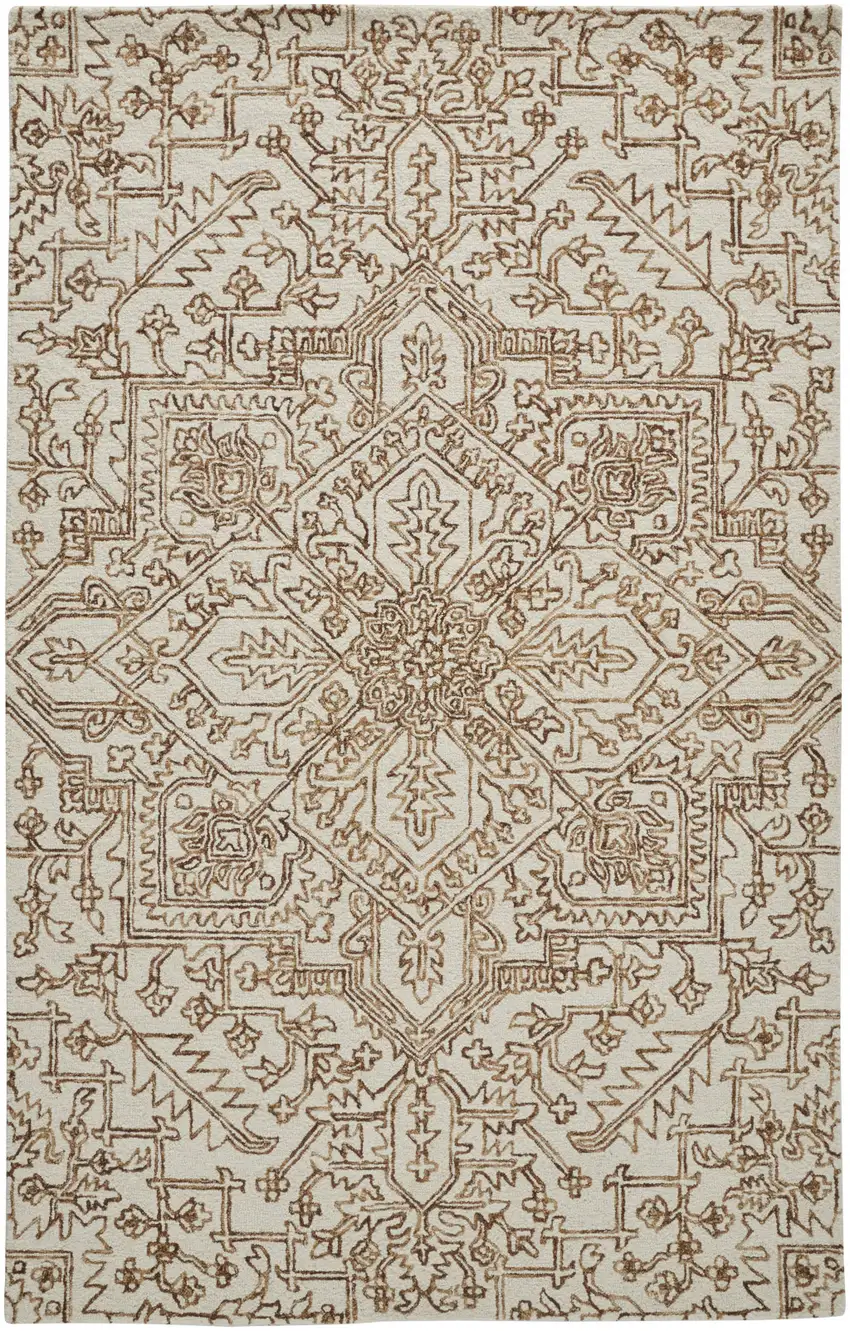 Ivory And Brown Wool Floral Tufted Handmade Stain Resistant Area Rug Photo 1