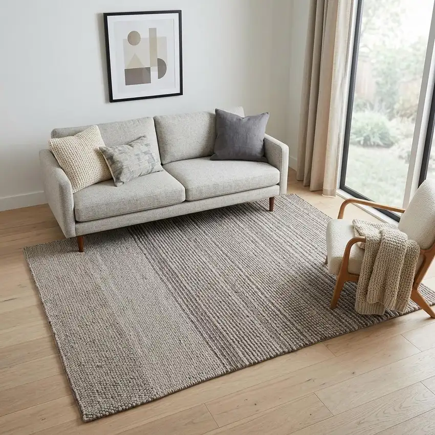Ivory And Brown Wool Striped Hand Woven Area Rug Photo 1