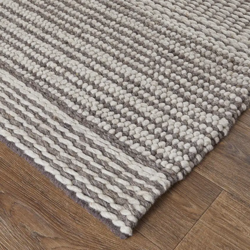 Ivory And Brown Wool Striped Hand Woven Area Rug Photo 3
