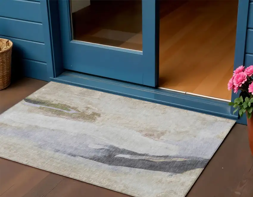 Ivory And Charcoal Abstract Washable Indoor Outdoor Area Rug Photo 2