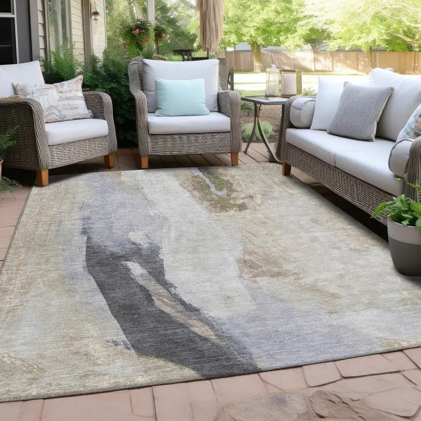 Ivory And Charcoal Abstract Washable Indoor Outdoor Area Rug Photo 4