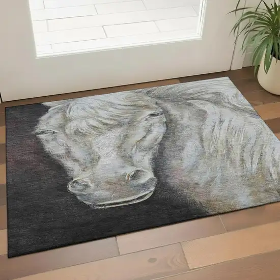 Ivory And Charcoal Animal Print Washable Area Rug With UV Protection Photo 2