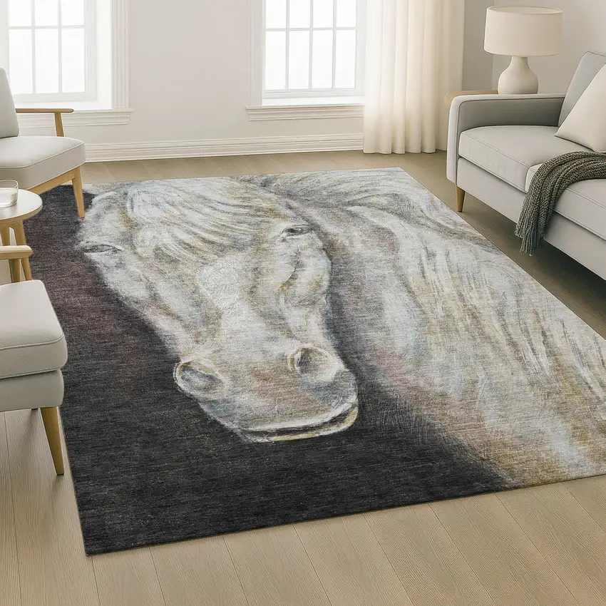 Ivory And Charcoal Animal Print Washable Area Rug With UV Protection Photo 6