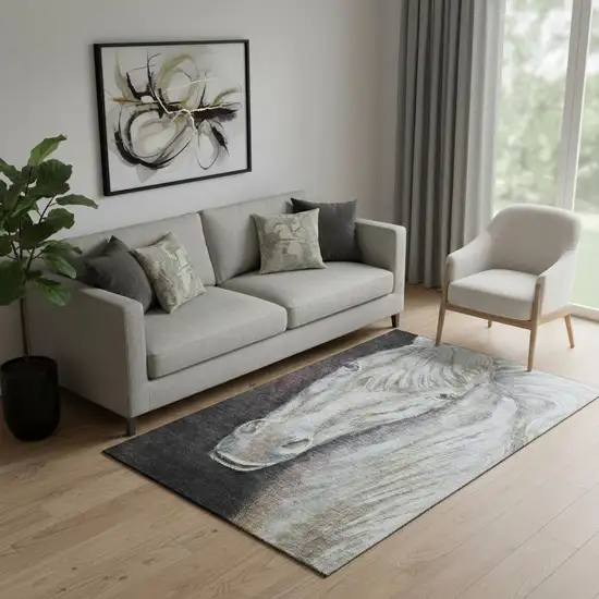 Ivory And Charcoal Animal Print Washable Area Rug With UV Protection Photo 2