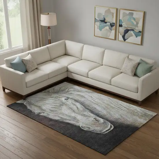 Ivory And Charcoal Animal Print Washable Area Rug With UV Protection Photo 2