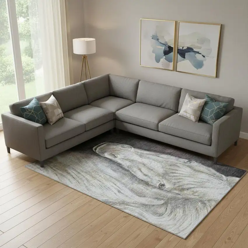 Ivory And Charcoal Animal Print Washable Area Rug With UV Protection Photo 2