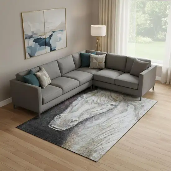 Ivory And Charcoal Animal Print Washable Area Rug With UV Protection Photo 2