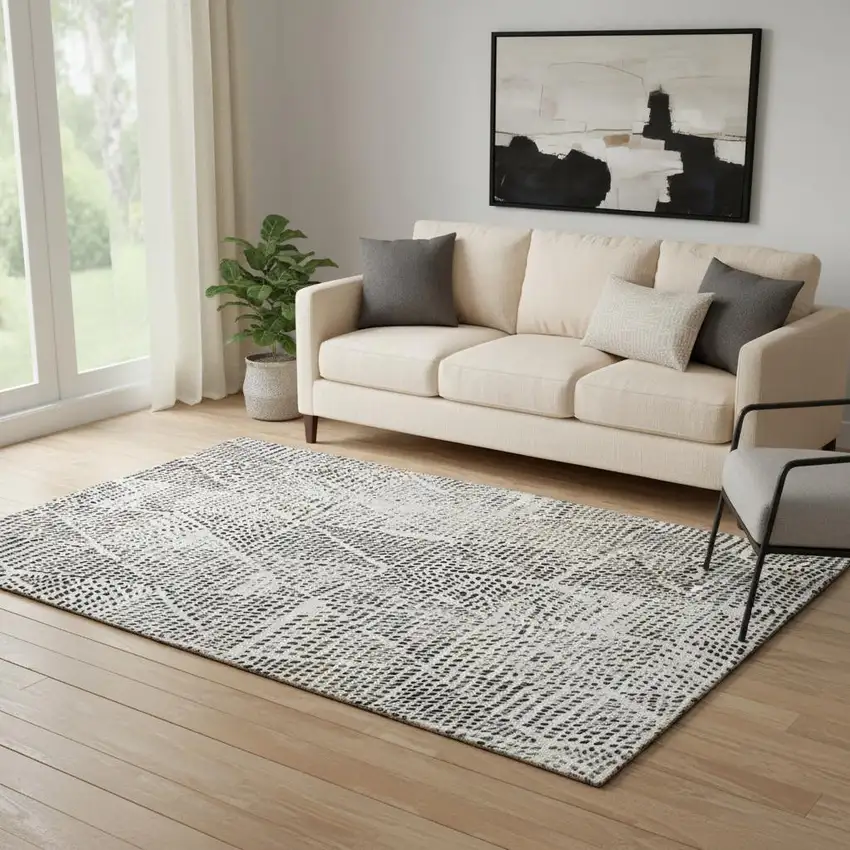Ivory And Charcoal Diamond Washable Area Rug With UV Protection Photo 1