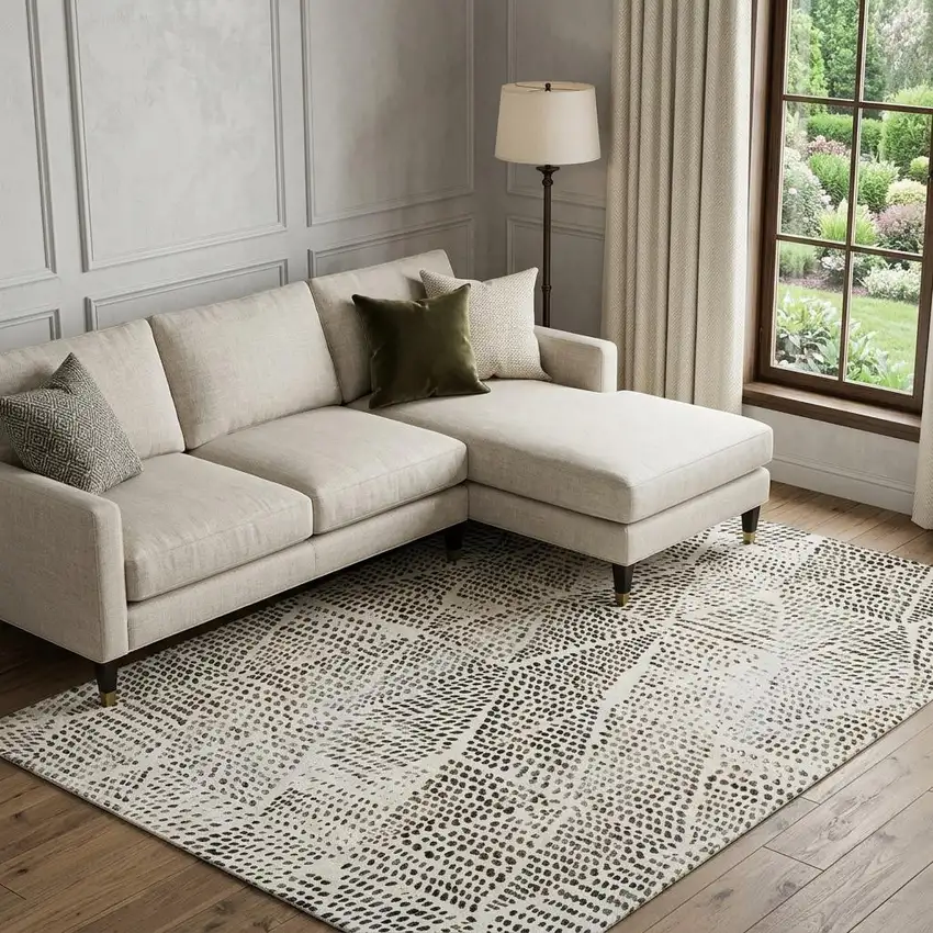Ivory And Charcoal Diamond Washable Area Rug With UV Protection Photo 1