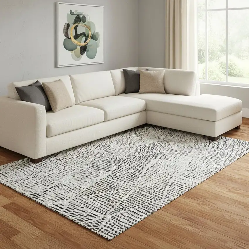 Ivory And Charcoal Diamond Washable Area Rug With UV Protection Photo 1