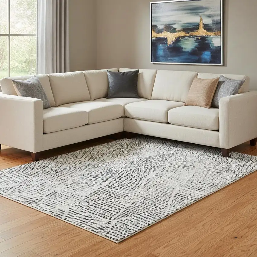 Ivory And Charcoal Diamond Washable Area Rug With UV Protection Photo 2