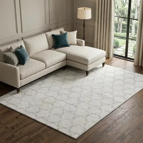 Ivory And Charcoal Geometric Washable Area Rug With UV Protection Photo 1