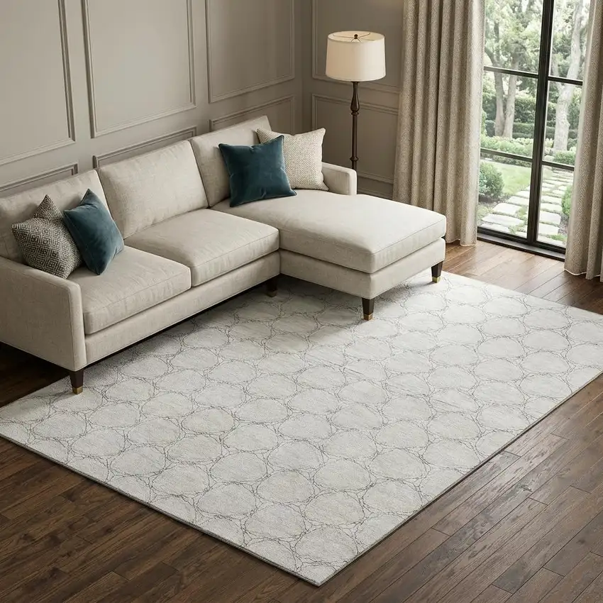 Ivory And Charcoal Geometric Washable Area Rug With UV Protection Photo 1