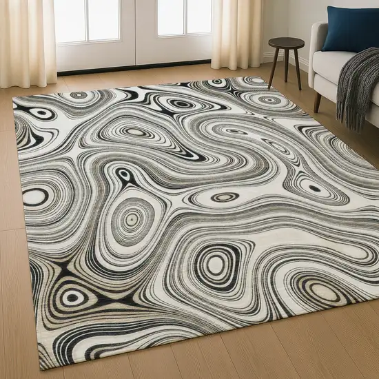 Ivory And Charcoal Geometric Washable Area Rug With UV Protection Photo 5