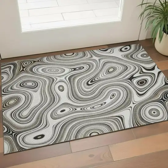 Ivory And Charcoal Geometric Washable Area Rug With UV Protection Photo 2