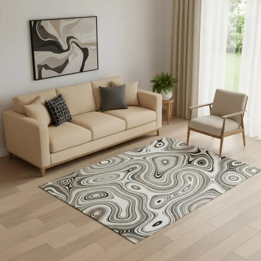 Ivory And Charcoal Geometric Washable Area Rug With UV Protection Photo 2