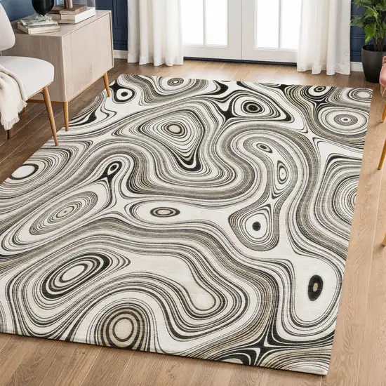 Ivory And Charcoal Geometric Washable Area Rug With UV Protection Photo 6