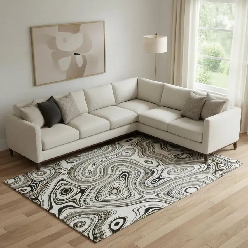 Ivory And Charcoal Geometric Washable Area Rug With UV Protection Photo 2