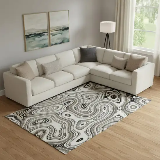 Ivory And Charcoal Geometric Washable Area Rug With UV Protection Photo 2