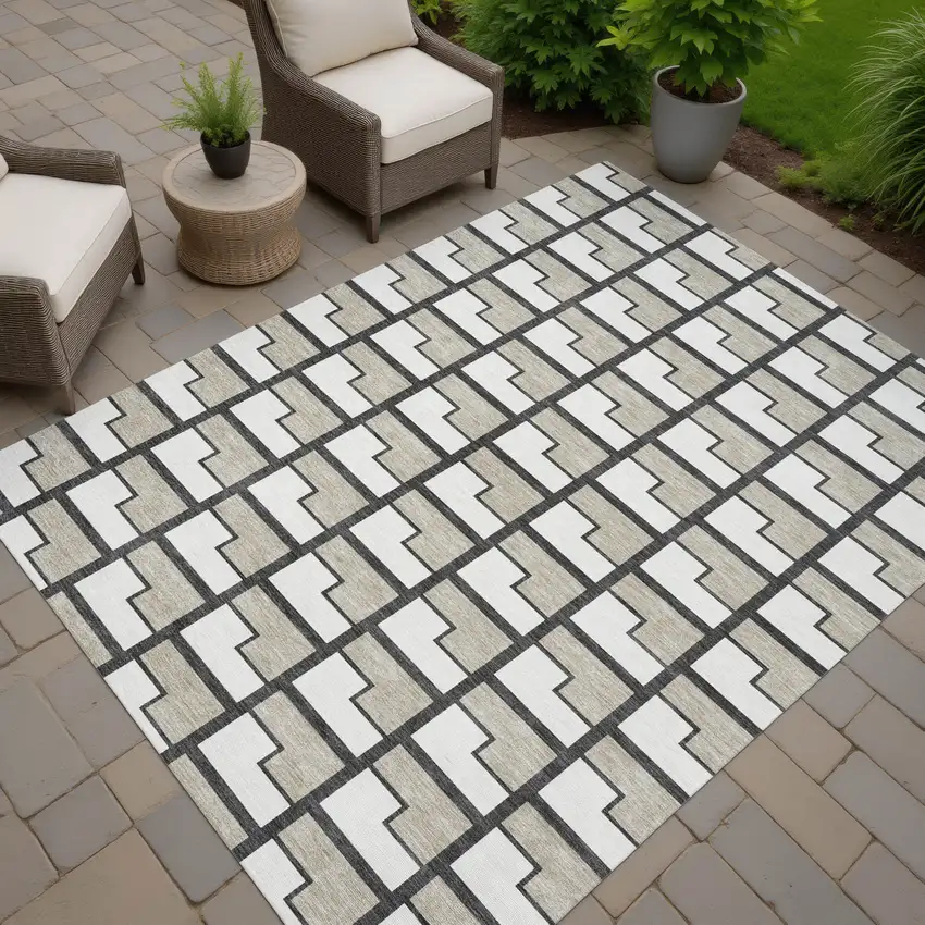 Ivory And Charcoal Geometric Washable Indoor Outdoor Area Rug Photo 7