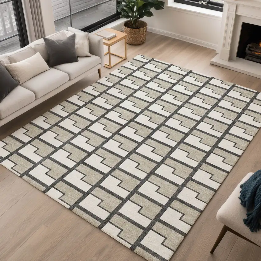 Ivory And Charcoal Geometric Washable Indoor Outdoor Area Rug Photo 5