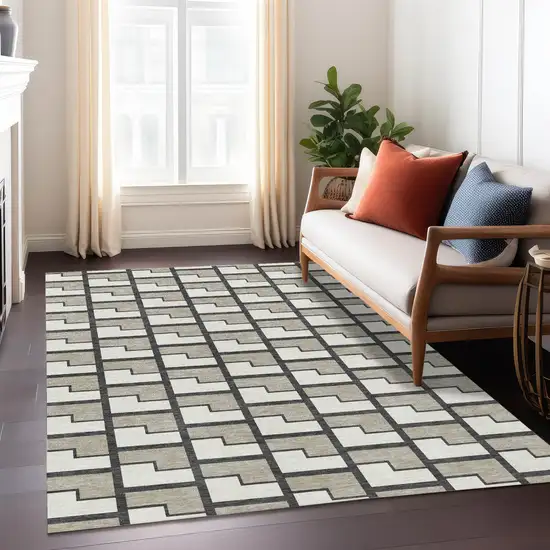 Ivory And Charcoal Geometric Washable Indoor Outdoor Area Rug Photo 6