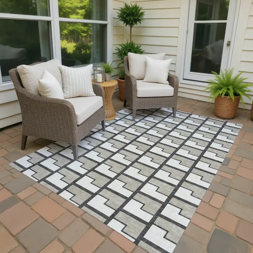 Ivory And Charcoal Geometric Washable Indoor Outdoor Area Rug Photo 4