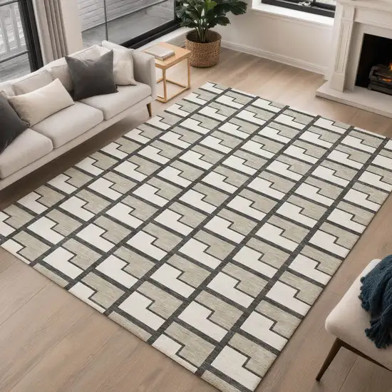 Ivory And Charcoal Geometric Washable Indoor Outdoor Area Rug Photo 5