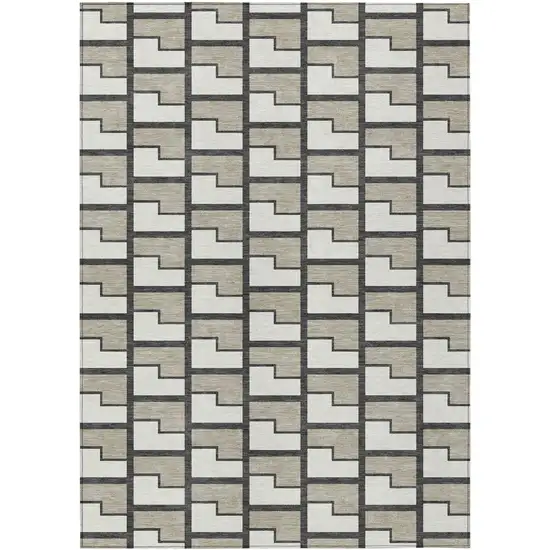 Ivory And Charcoal Geometric Washable Indoor Outdoor Area Rug Photo 1