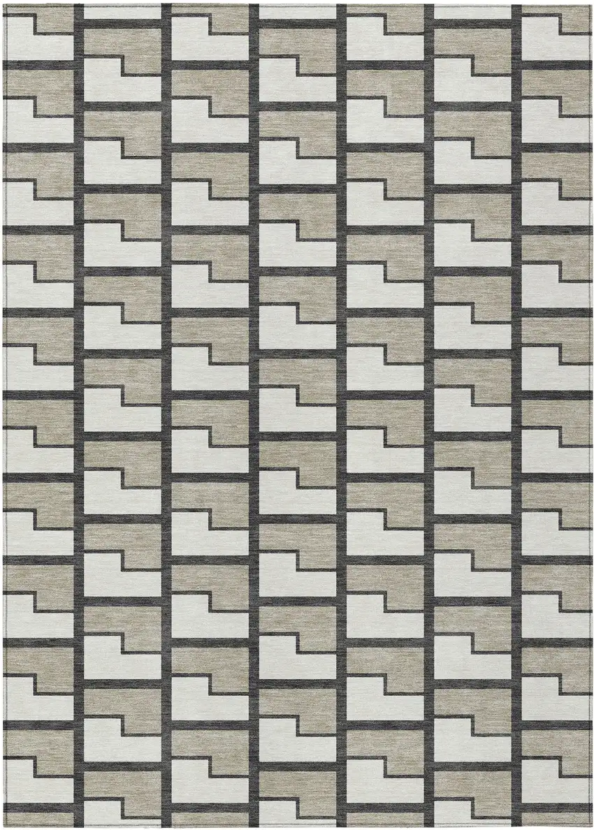 Ivory And Charcoal Geometric Washable Indoor Outdoor Area Rug Photo 1