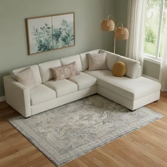 Ivory And Charcoal Medallion Distressed Area Rug With Fringe Photo 1