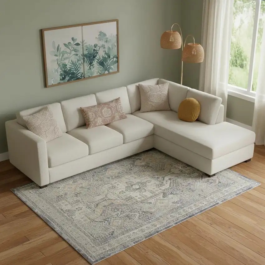 Ivory And Charcoal Medallion Distressed Area Rug With Fringe Photo 1