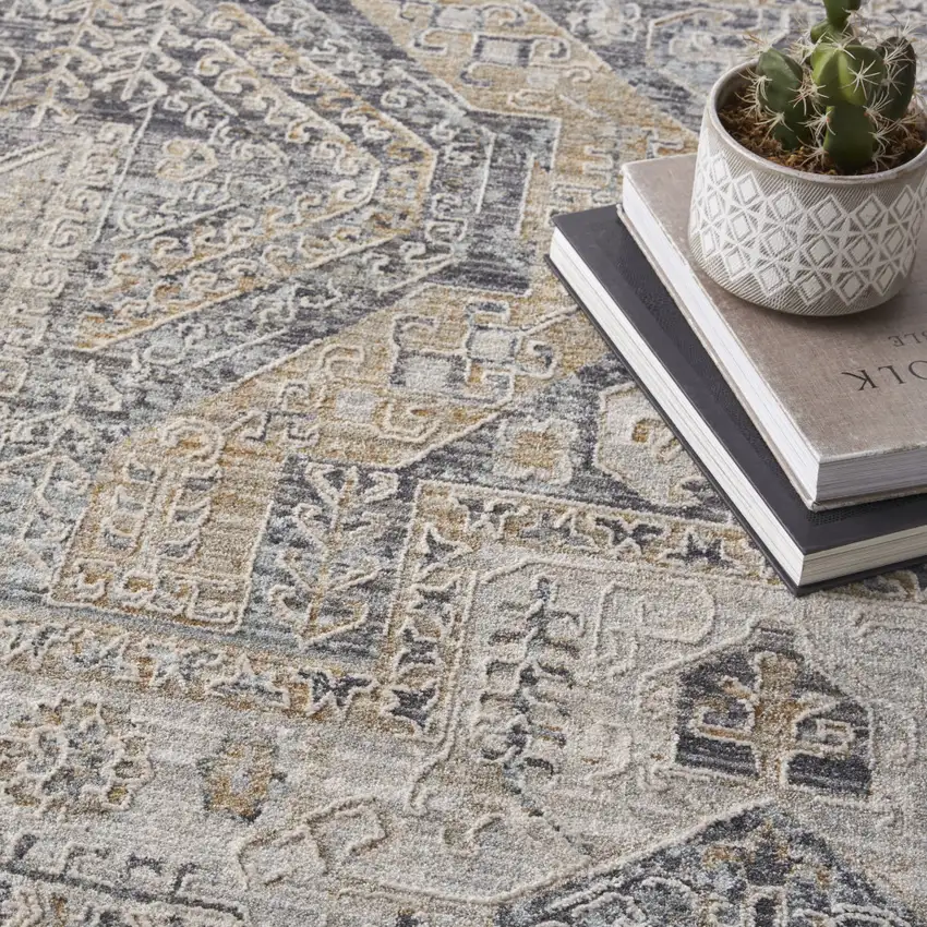 Ivory And Charcoal Medallion Distressed Area Rug With Fringe Photo 8