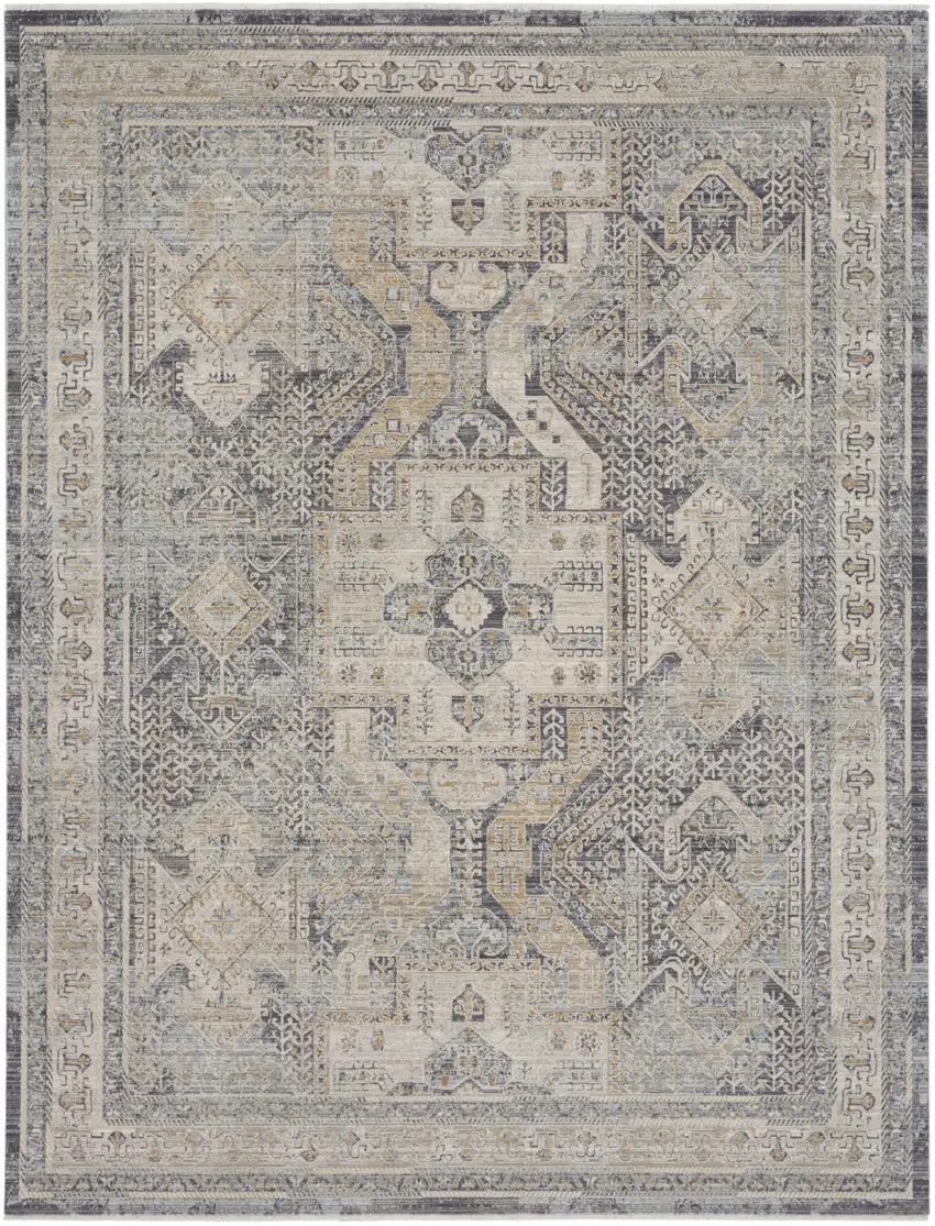 Ivory And Charcoal Medallion Distressed Area Rug With Fringe Photo 6