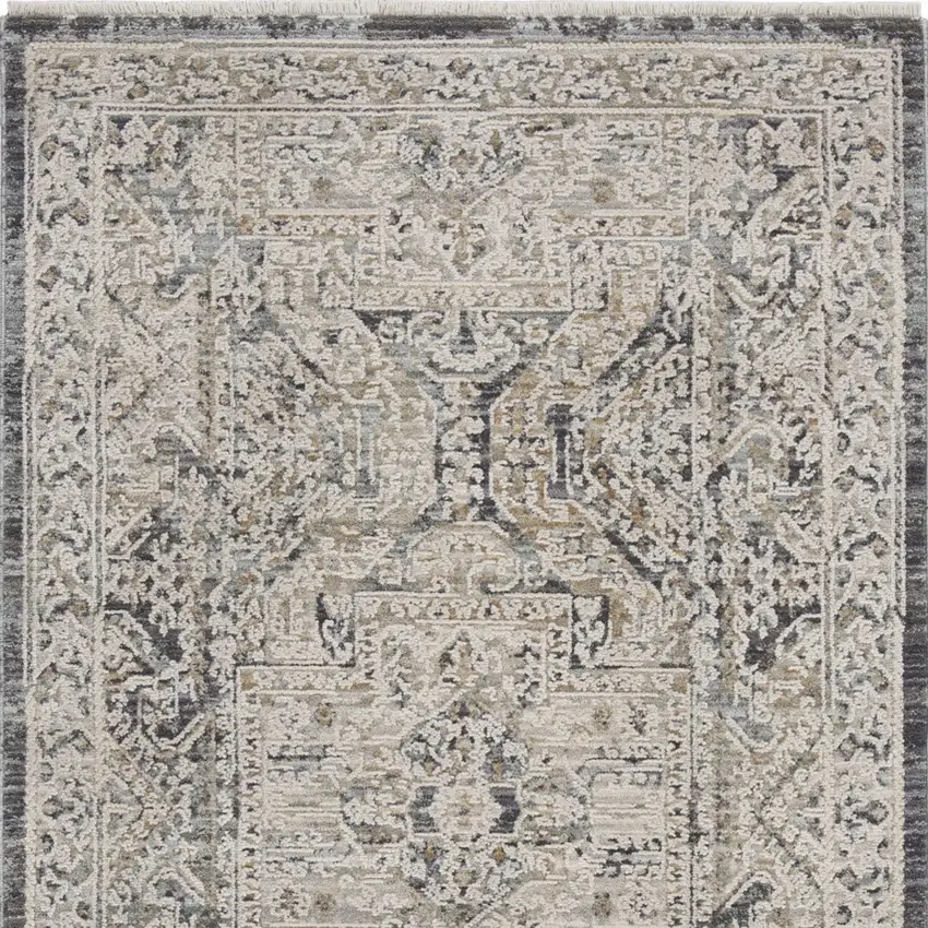 Ivory And Charcoal Medallion Distressed Area Rug With Fringe Photo 5