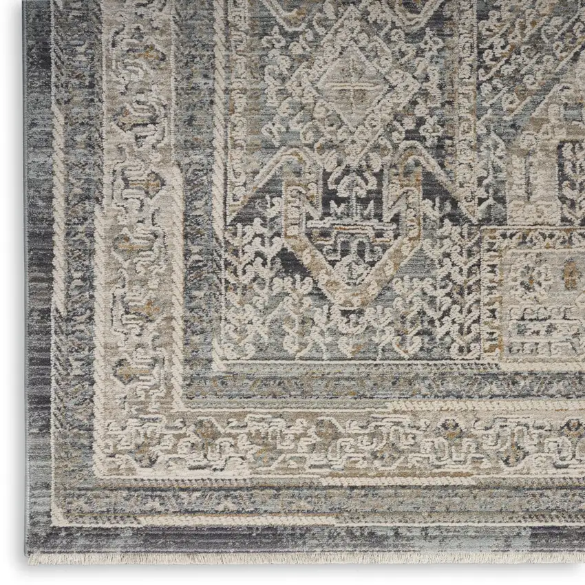 Ivory And Charcoal Medallion Distressed Area Rug With Fringe Photo 2