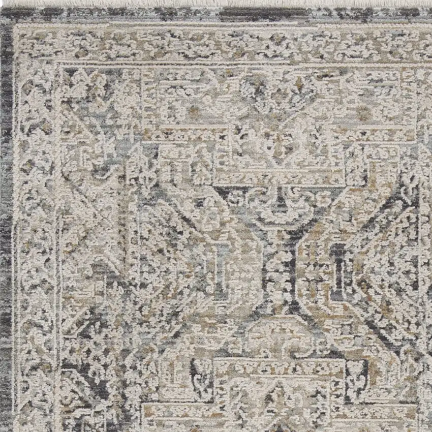 Ivory And Charcoal Medallion Distressed Area Rug With Fringe Photo 4