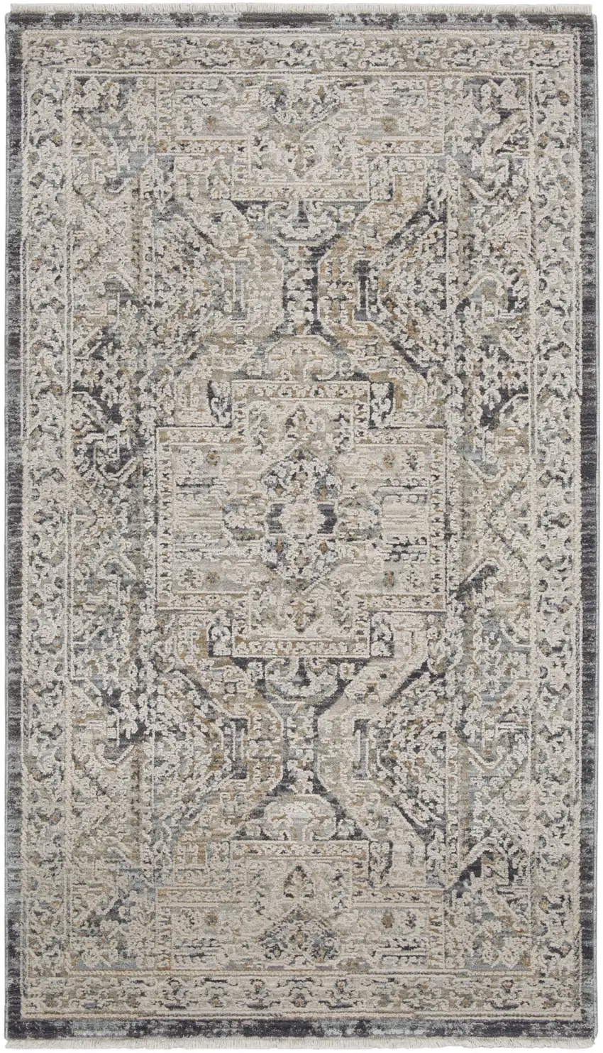 Ivory And Charcoal Medallion Distressed Area Rug With Fringe Photo 7