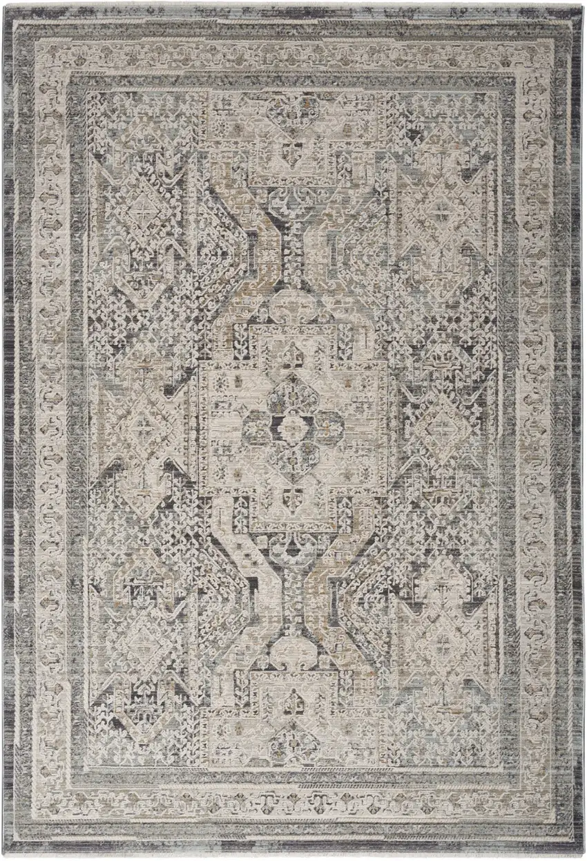 Ivory And Charcoal Medallion Distressed Area Rug With Fringe Photo 9