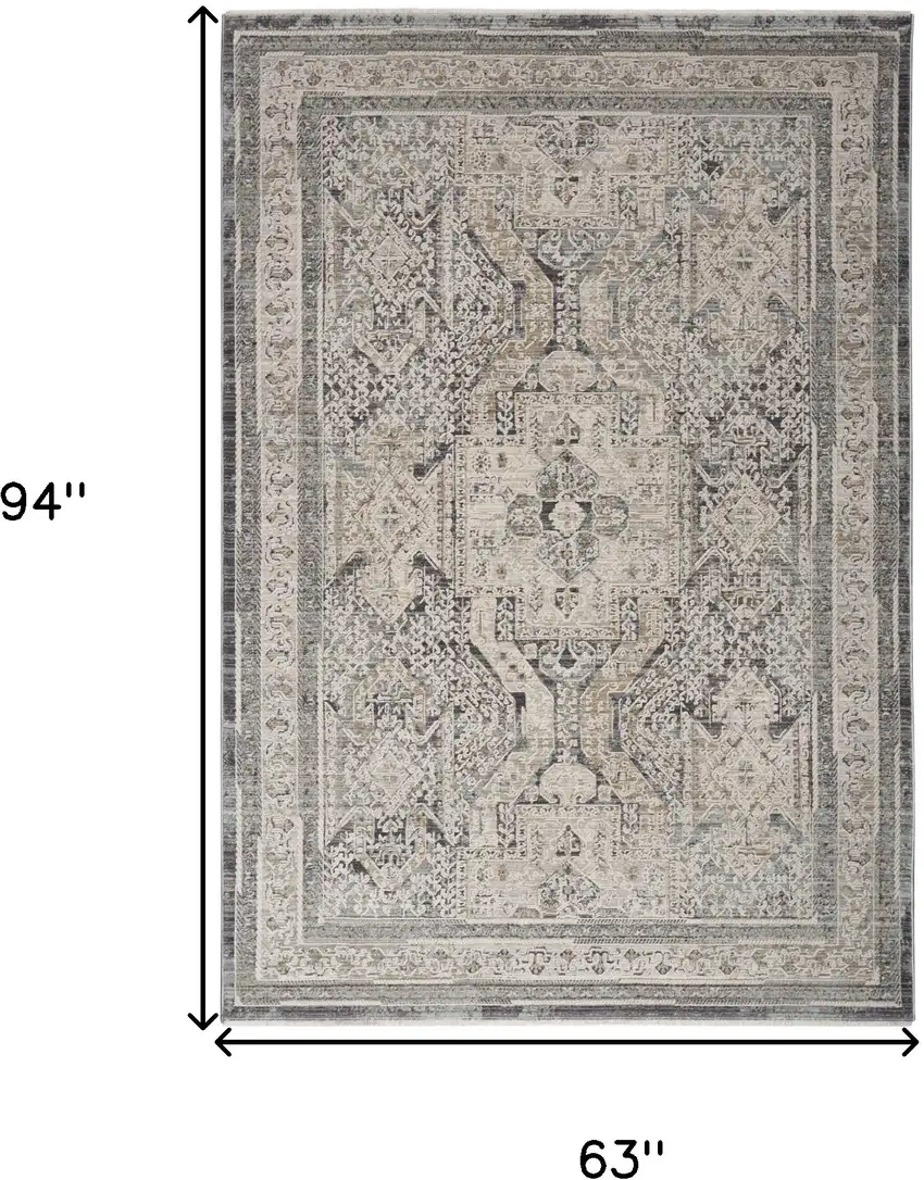 Ivory And Charcoal Medallion Distressed Area Rug With Fringe Photo 3