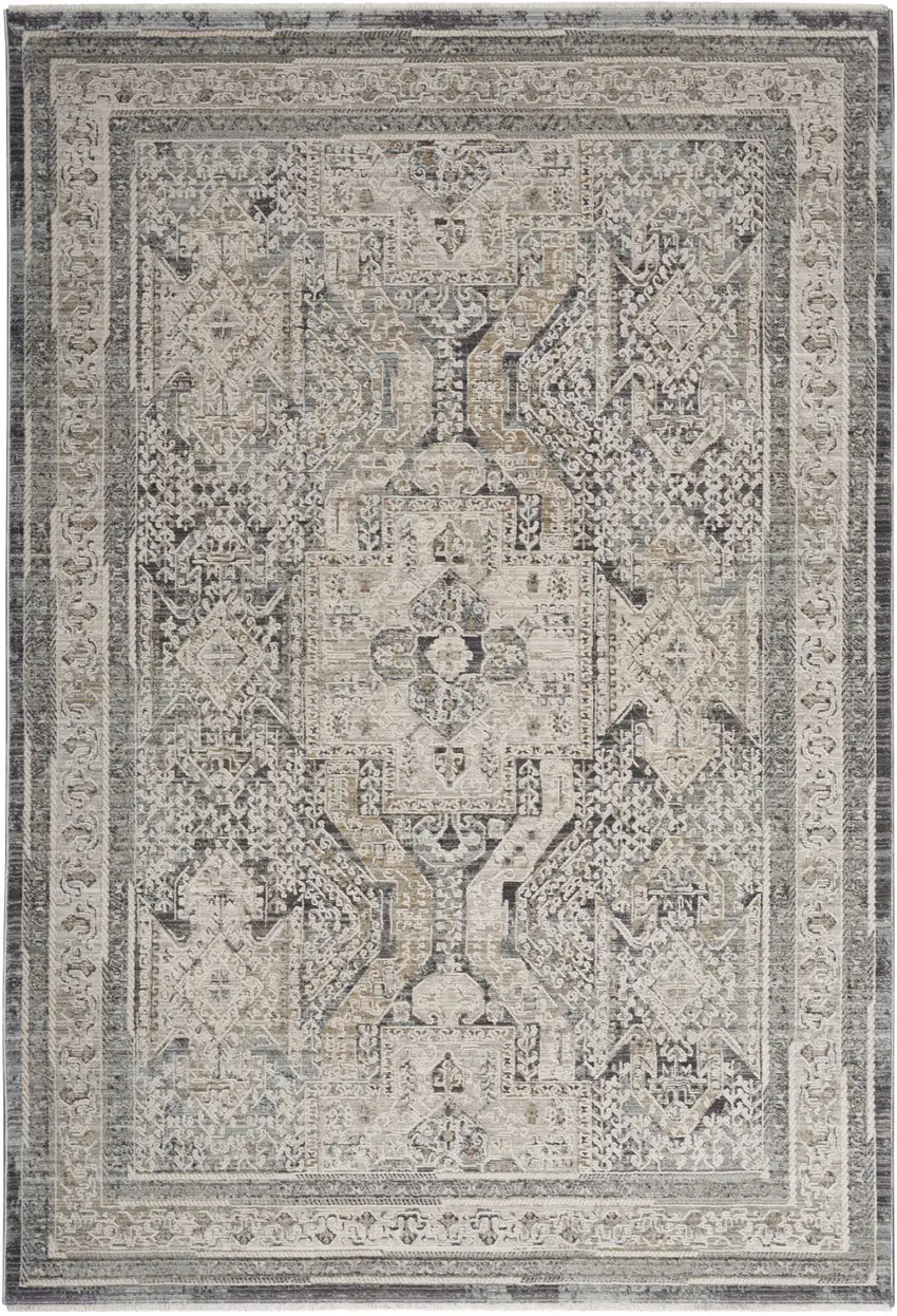 Ivory And Charcoal Medallion Distressed Area Rug With Fringe Photo 6