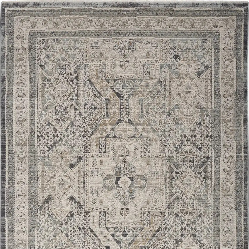 Ivory And Charcoal Medallion Distressed Area Rug With Fringe Photo 5