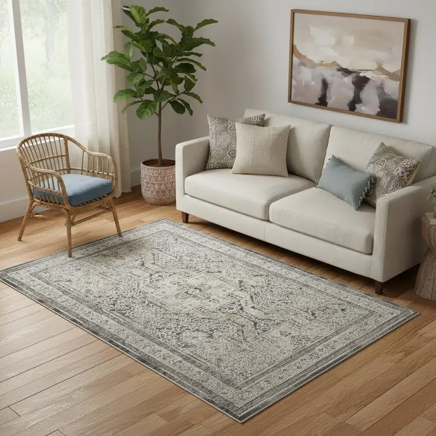 Ivory And Charcoal Medallion Distressed Area Rug With Fringe Photo 1