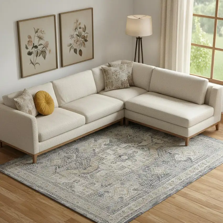 Ivory And Charcoal Medallion Distressed Area Rug With Fringe Photo 1