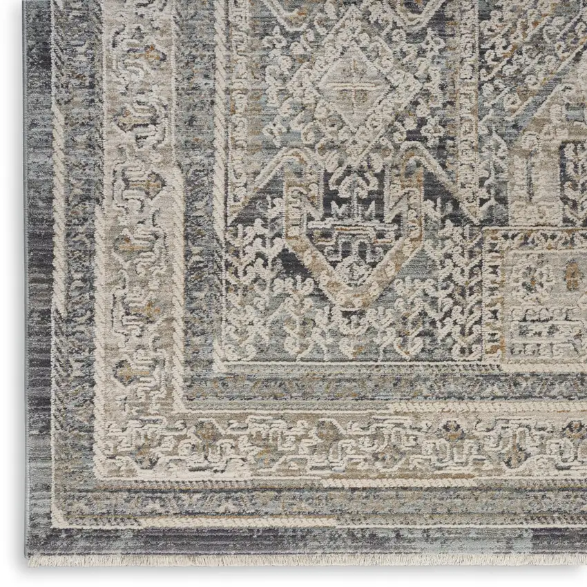 Ivory And Charcoal Medallion Distressed Area Rug With Fringe Photo 2