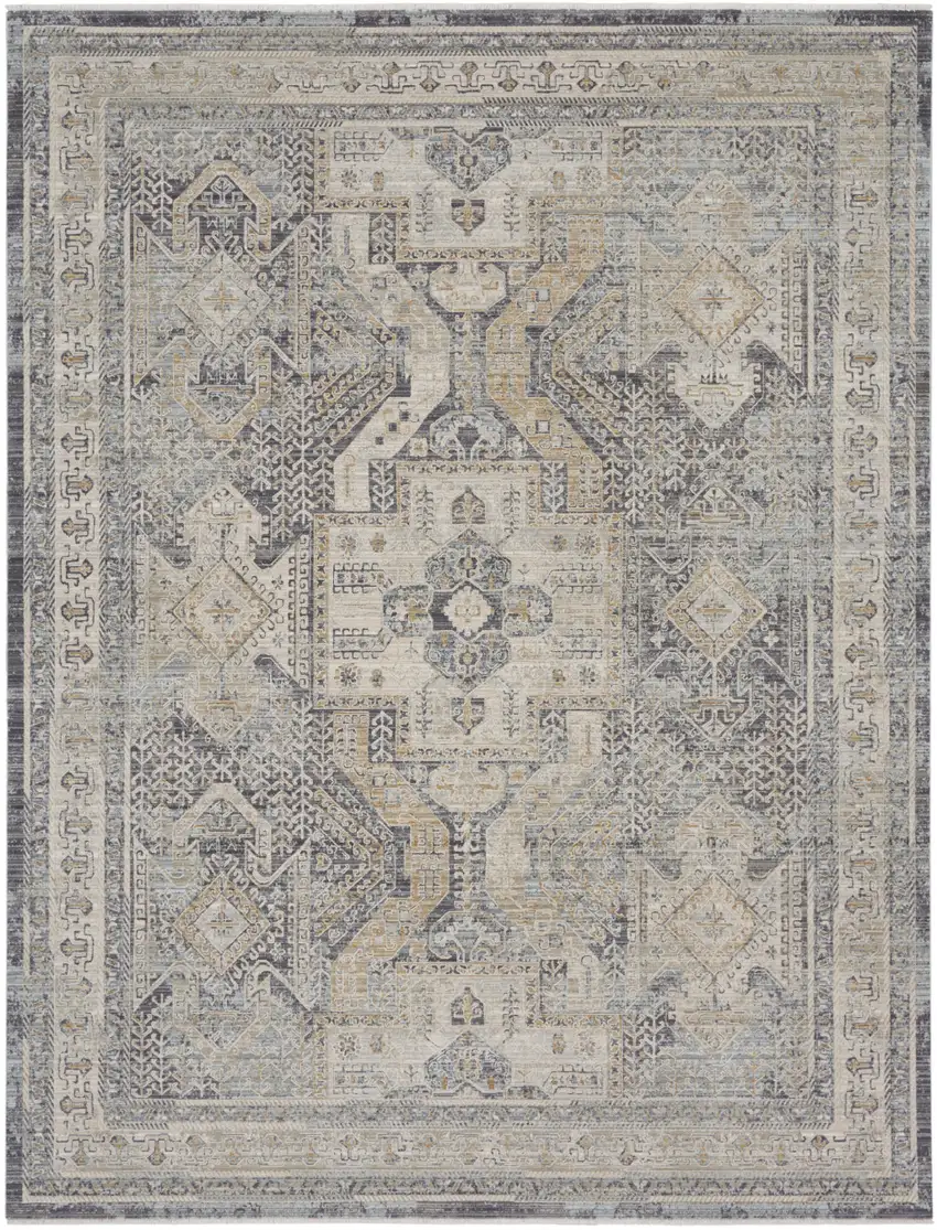 Ivory And Charcoal Medallion Distressed Area Rug With Fringe Photo 9