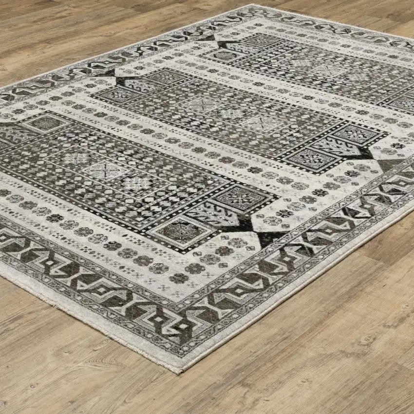 Ivory And Charcoal Oriental Area Rug With Fringe Photo 9